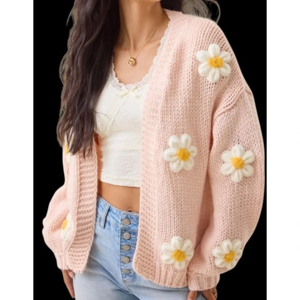 Altar'd State Daisy Flower Chunky Knit Open Front Cardigan Pink XL Coquette - Picture 1 of 10
